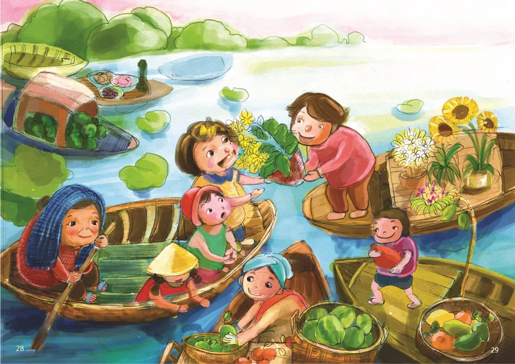 tranh về ngày tết cổ truyền - chợ quê trên sông